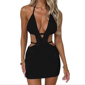 Cut Out Black Crochet Mini Dress | Sz S | Halter Tie, Backless | NWT